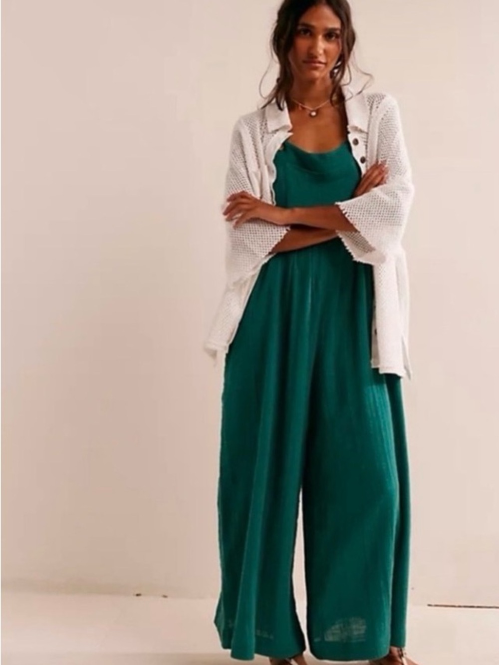 Free People Sun Drenched Wide-Leg Cotton Jumpsuit. Size XS